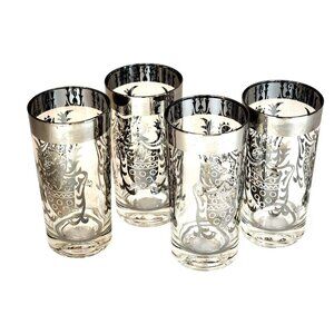 Vintage Kimiko Bar Glasses Silver Guardian Shield Coat Of Arms Tall Tumblers HIg
